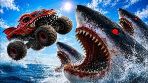 Монстр-трак против 3 гигантских акул — безумный прыжок в BeamNG.drive 🚛🦈