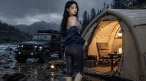 Одиночный кемпинг девушки с ее кошкой. Уютная надувная палатка. ИИ.