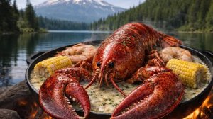 Целый омар на костре у горного озера
