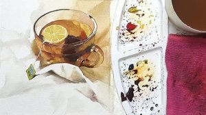 Чашка лимонного чая. Акварельный натюрморт. Натюрморт. Только основные цвета