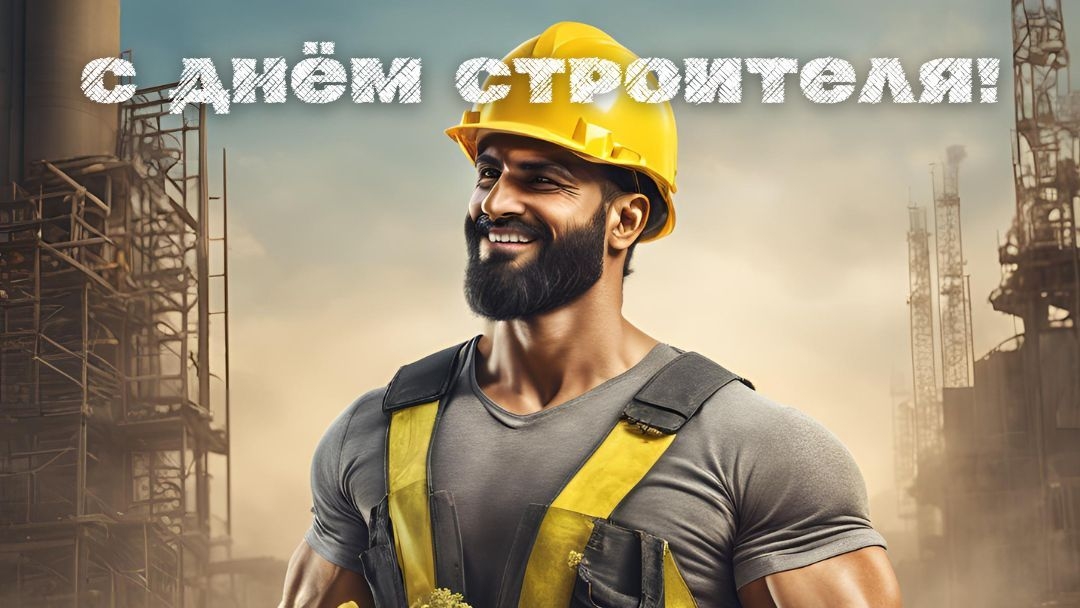 С днём строителя. Красивая музыкальная открытка.