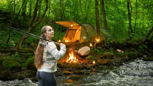 2 дня выживания в кемпинге у бурной реки | Рыбалка, водопад и костёр | ASMR