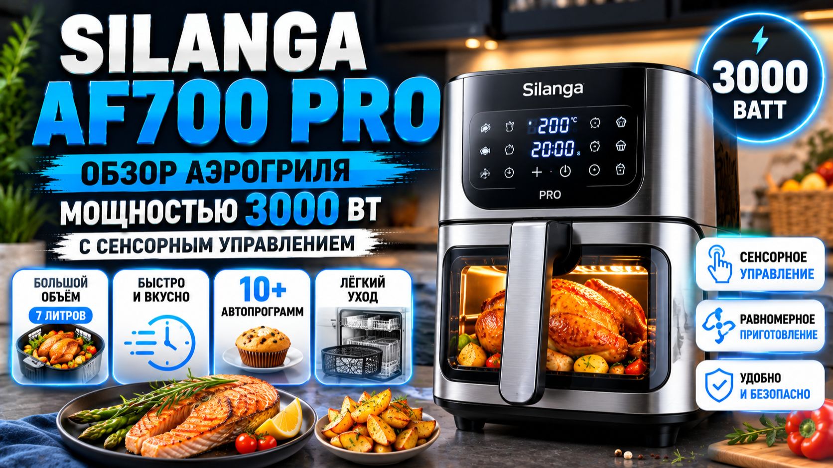 Silanga AF700 PRO: обзор аэрогриля 3000 Вт с сенсорным управлением.