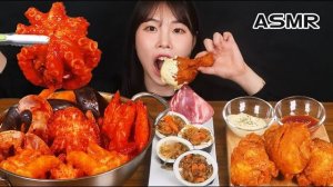 Мукбанг - морепродукты и жареная курица и токпокки