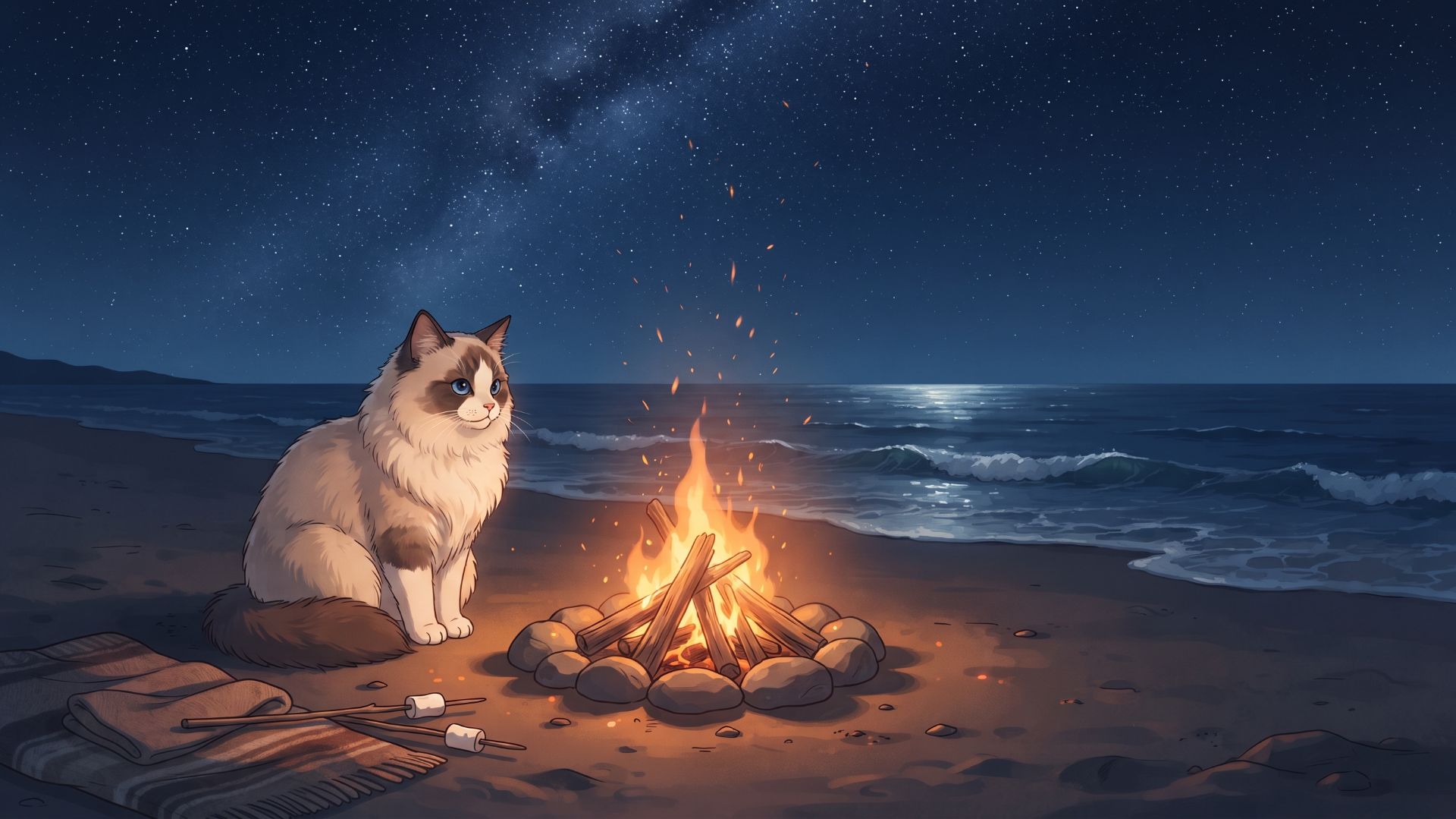 Пляжный костер под звездами 🔥 Lofi Hip Hop For Deep Focus & Sleep | Cozy Cat