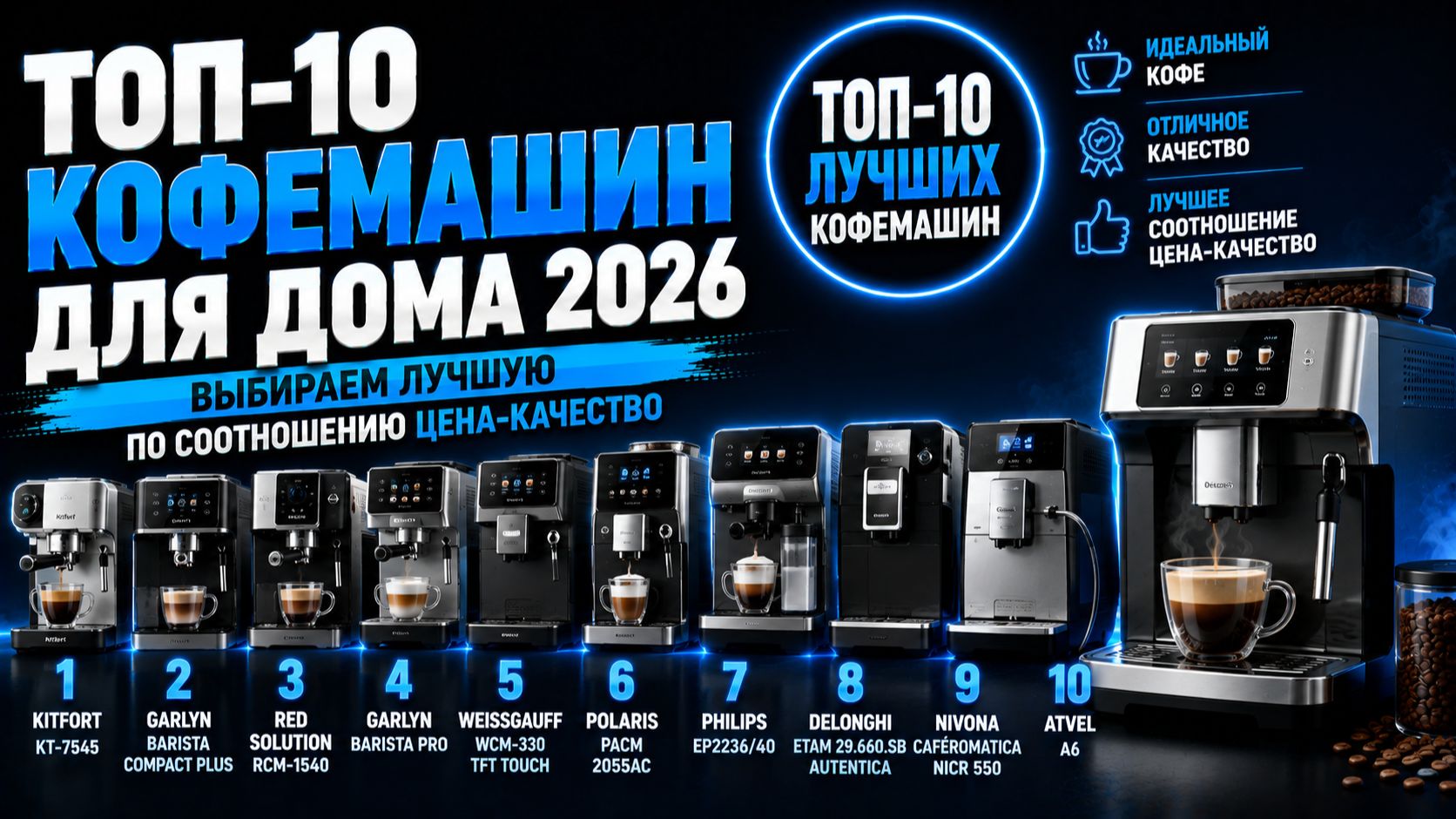 ТОП‑10 кофемашин для дома 2026: выбираем лучшую по соотношению цена‑качество