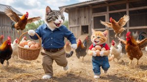 🐱🥚 С фермы на стол# Кот-папа и котенок Рыжий собирают яйца и готовят свое любимое блюдо 🍳💖