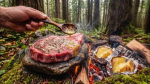 Сочный стейк с чесноком и картошка прямо из углей