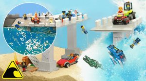 Эксперимент с прорывом цунами через плотину и двумя мостами LEGO: разрушение волновой машиной