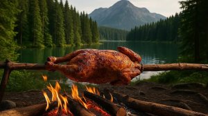 Мясной пир в лесу: курица, стейк и бургер на огне