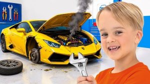 Дети катаются на игрушечных машинках - Веселое приключение в автосервисе