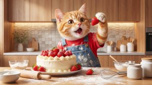 Имбирный котенок печет вкусный клубничный торт, пока мамы нет 🍰💖