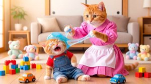 🐱😱 Рыжему котенку на голове застряла слизь — мама-кошка спешит на помощь!💖