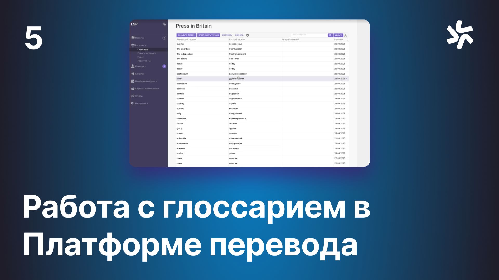 Работа с глоссарием в Платформе перевода