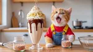 🐱🧋 Рыжий котёнок показывает свои навыки — делает маме-кошке сладкий сюрприз к чаю с молоком!💖