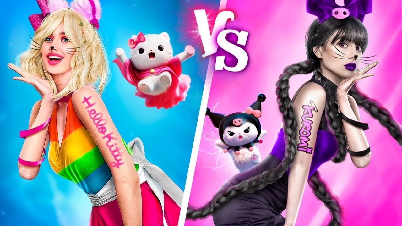 Уэнсдей Аддамс и Энид! Hello Kitty Vs Kuromi! Покемон в реальной жизни!