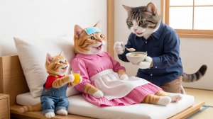 😢🐱 Мама-кошка заболела — папа-кот и рыжий котенок заботятся о ней с бесконечной любовью 💖🐾