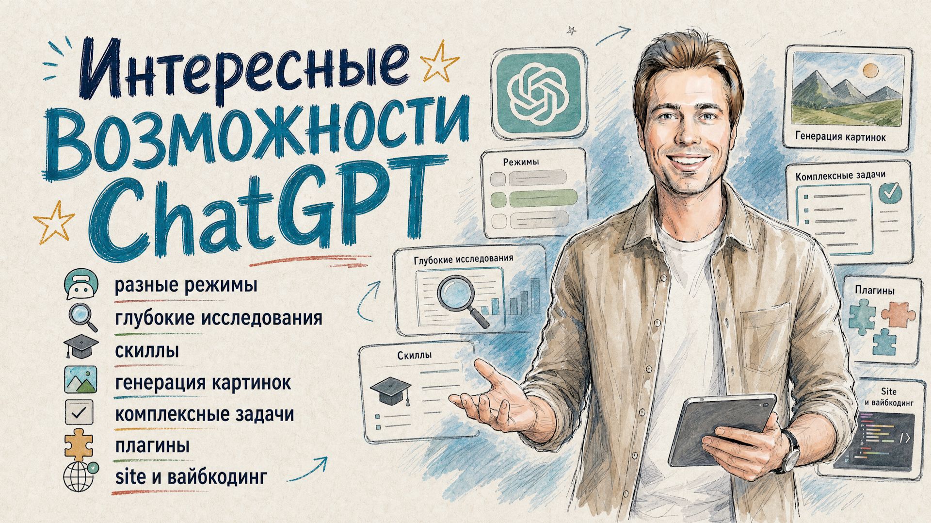 Интересные возможности нейросети ChatGPT - разные режимы, исследования, скиллы, вайбкодинг, плагины