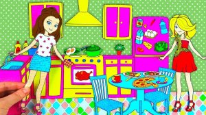 Бумажные куклы ☕ Веселые сестры# утренние занятия и игры на бумажной игрушечной кухне