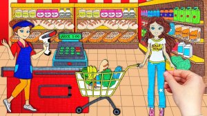 Бумажные куклы покупают продукты в супермаркете — своими руками