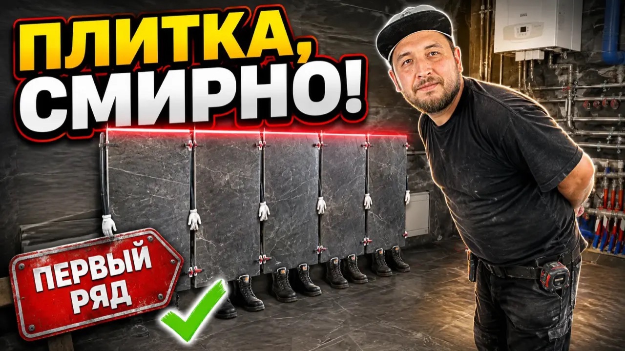 Укладываем первый ряд, керамогранит на стены вертикально!