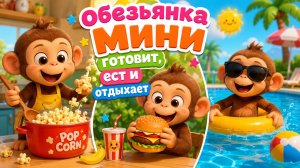 Обезьянка Мини готовит попкорн и отдыхает в бассейне!