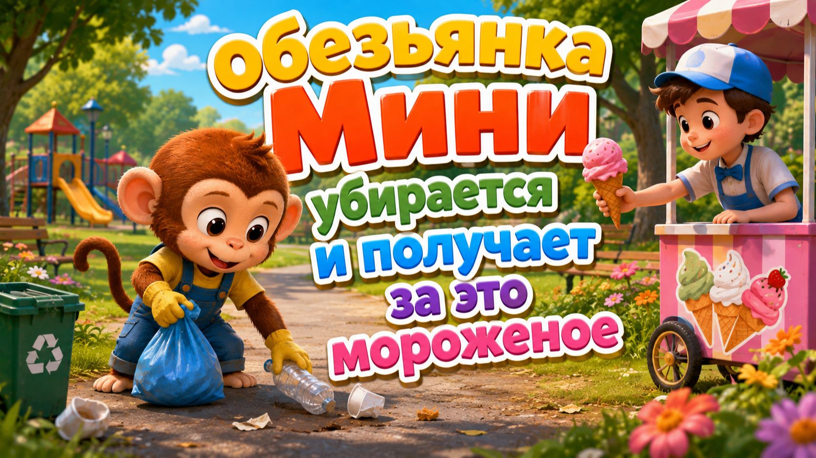 Обезьянка Мини убирает мусор и получает за это мороженое!