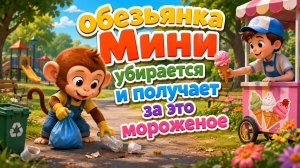 Обезьянка Мини убирает мусор и получает за это мороженое!