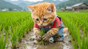 😢🌾 Котенок Рыжий сажает рис, чтобы помочь маме — трогательная история, которая заставит вас пла