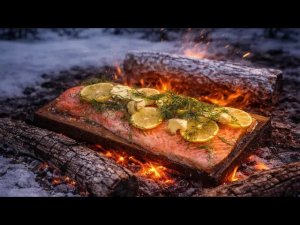 Лосось на кедровой доске у зимнего костра