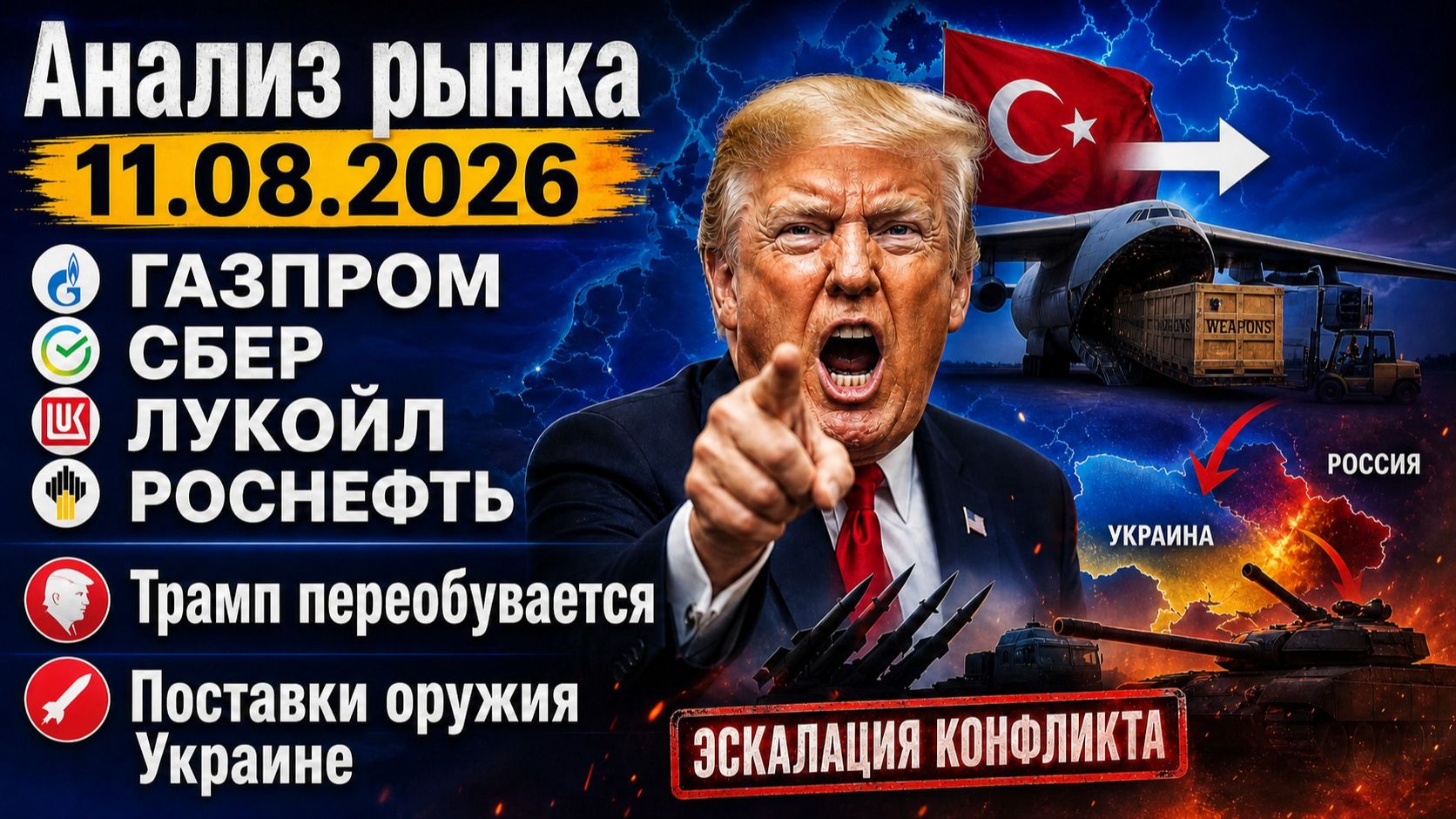 Анализ рынка 11.08 / ГАЗПРОМ СБЕР ЛУКОЙЛ РОСНЕФТЬ / Трамп переобувается / Поставки оружия Украине