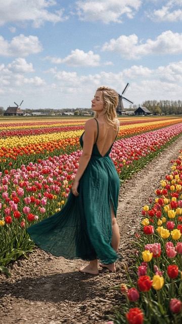 Голландия. Поле тюльпанов. Ветер. И она. Всё остальное — просто детали. 🌷🌬️ #втоп