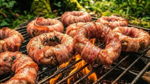 Хрустящие кольца с беконом на костре в лесу