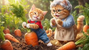 🐱🥕Первое приключение маленького котенка на ферме!Собираем свежую морковь вместе с бабушкой-кошк