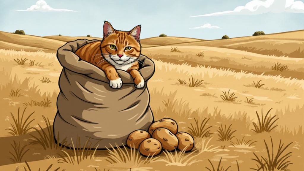 Кот лежит на мешке картошки