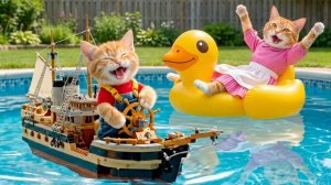 🚢🐱 Рыжий котенок вместе с мамой-кошкой строит океанский корабль — путешествие мечты, полное люб