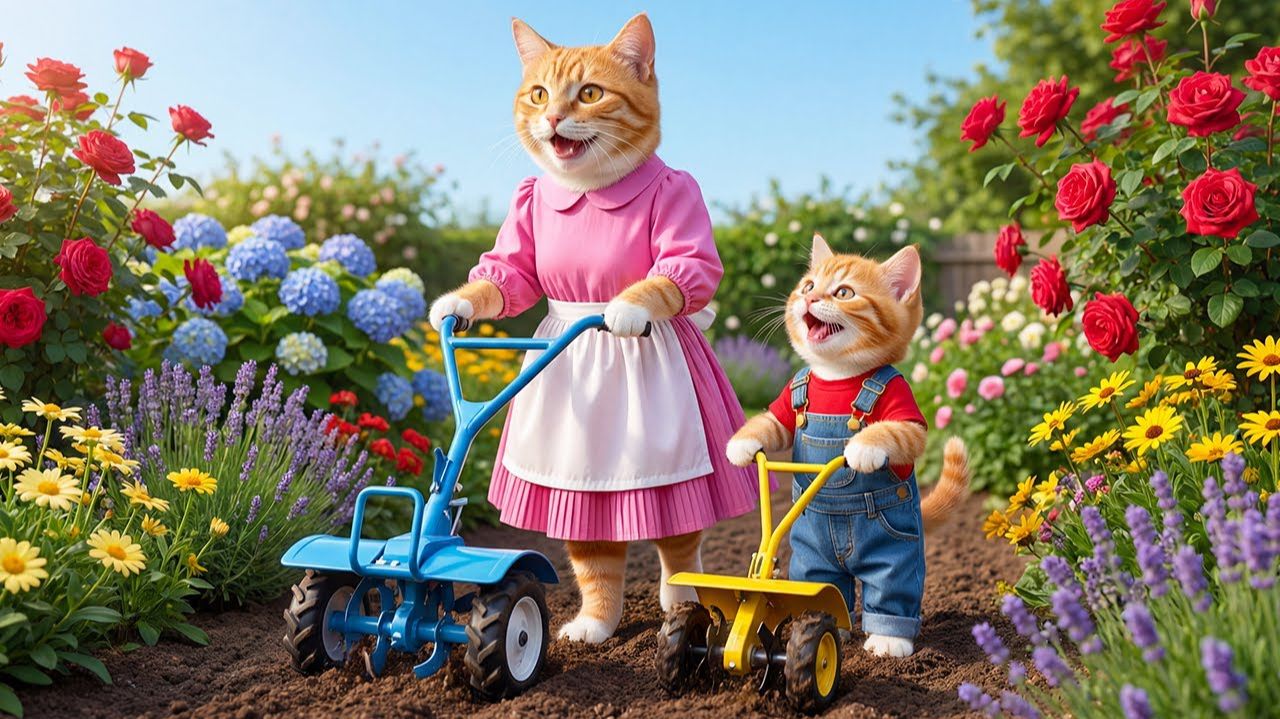 🐱🌼 Маленький котёнок с мамой-кошкой сажает цветы — цветёт сад, полный любви 💖🌷