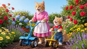 🐱🌼 Маленький котёнок с мамой-кошкой сажает цветы — цветёт сад, полный любви 💖🌷