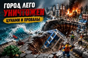Лего-город разрушен провалами грунта: эксперимент с цунами и прорывом дамбы