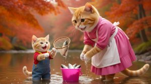 🐱💦 От игривых лапок к моментам гордости# первый урок рыбалки котенка с мамой 💖