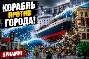 Корабль врезается в город Lego: цунами и прорыв дамбы