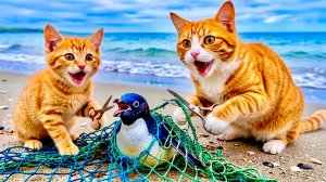 Мама кошка и котенок помогли пингвину  ❤️ Милые ИИ Мультики для Детей