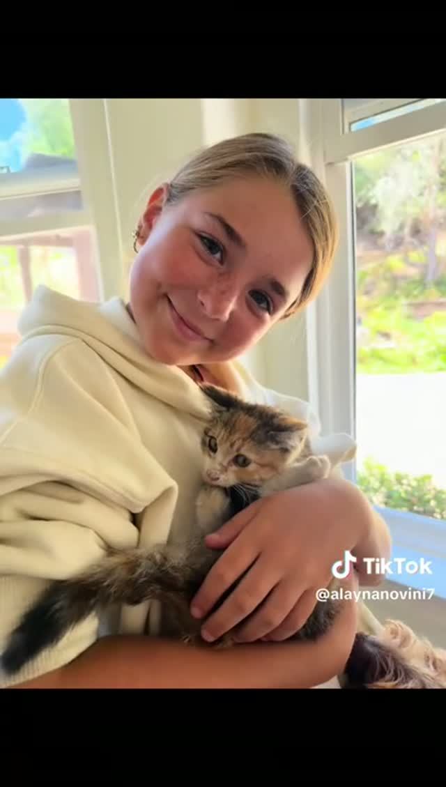 Девочка находит котенка в кустах