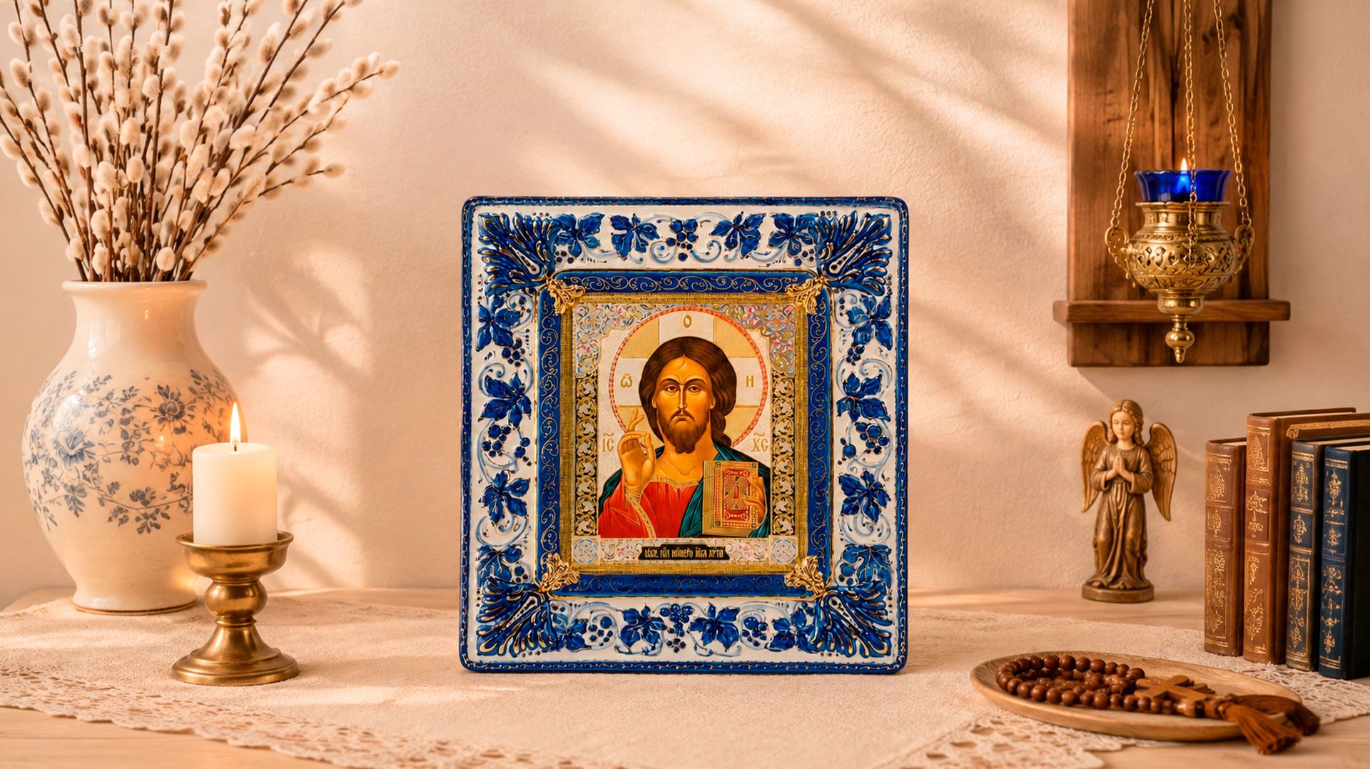 Икона настольная большая Спас Вседержитель, гжельский фарфор