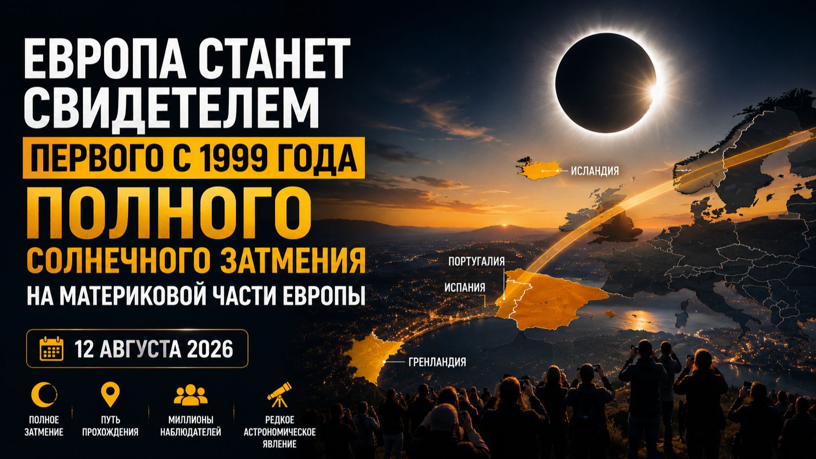 🌑 Мир увидит первое с 1999 года полное солнечное затмение 12 Августа 2026