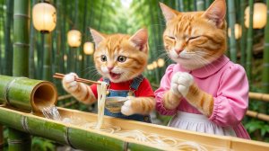 🐱🎋 Маленький котёнок мечтает о бамбуковой лапше в трубочках — мама-кошка делает покупки и готов