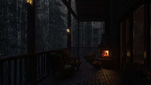 Шум грозы и дождя на террасе 🌧️ Тихий камин для расслабления и крепкого сна