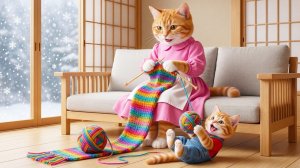 🐱🧶 От любящих рук к теплым объятиям# мама-кошка вяжет шарф для своего котенка 💖✨