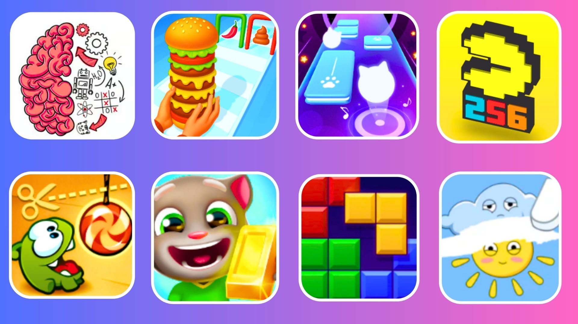 Brain Test 3,Burger Master,Dancing Cats,PAC-MAN 256,Om Nom Run,Том за золотом,Block Blast!