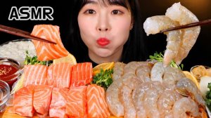 Мукбанг - морепродукты и креветки и лосось - большая порция